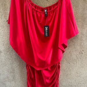 24/7 Comfort Apparel Red Ruched Asymmetrical Dress